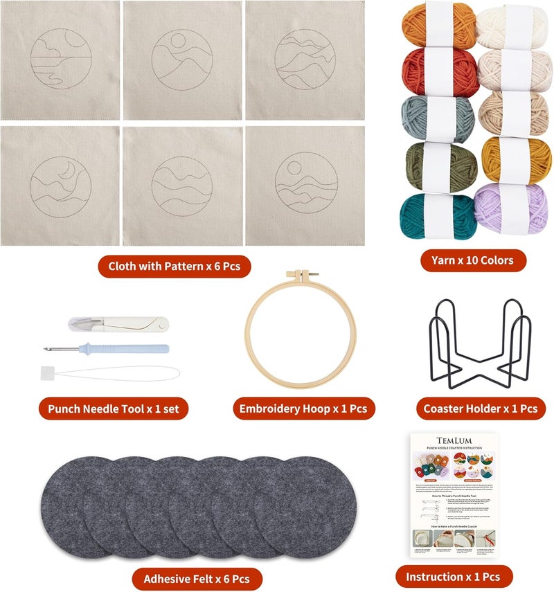 Temlum Punch Needle Coasters Kit, Punch Needle Embroidery Kits for Adults and Beginners - Including Patterns, Tools, Yarns, Hoop, Instruction, Coaster Holder Art Craft Supplies - Landscape - Image 2